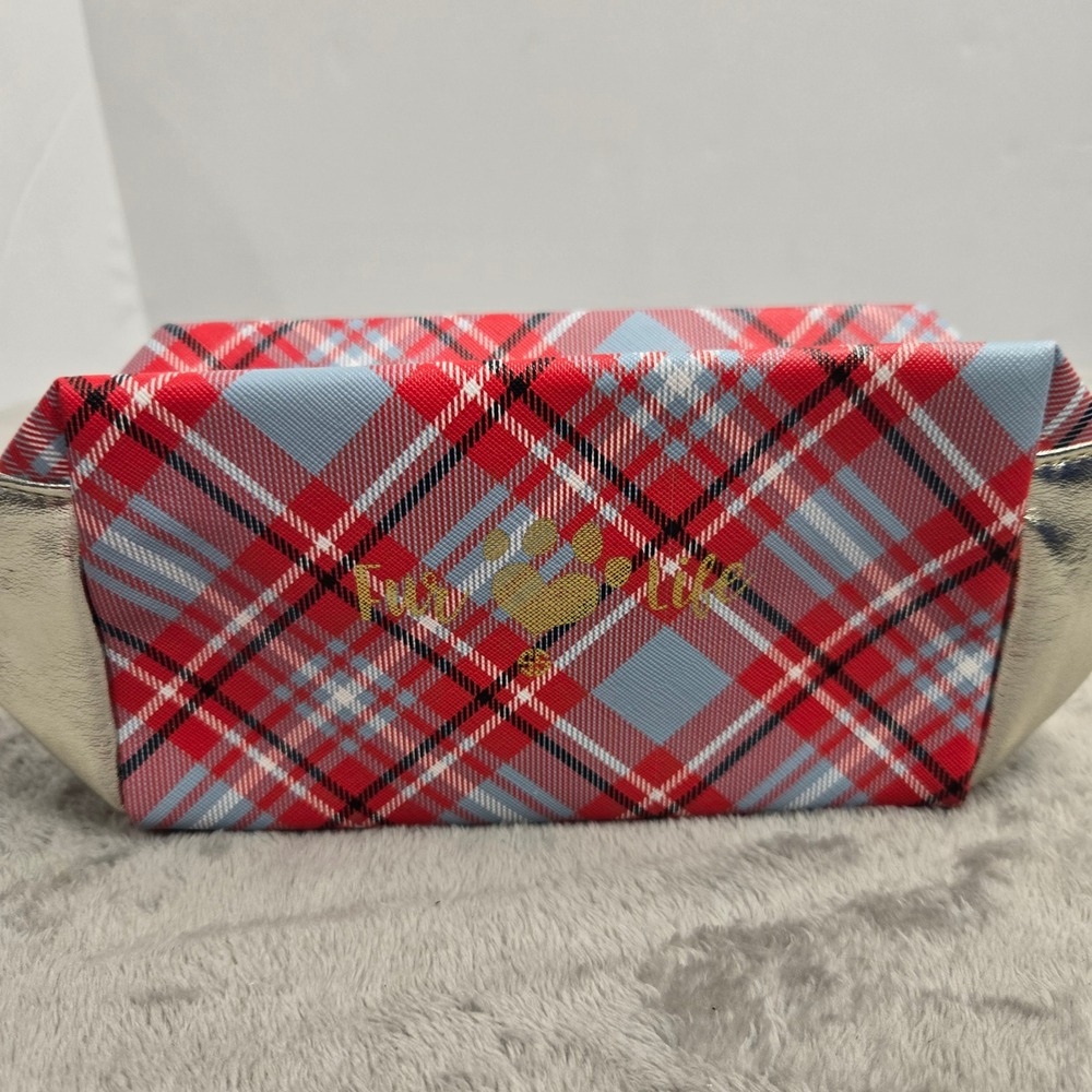 Fur Life Red Plaid Cosmetic Bag Metallic Gold Trim Paw Print Makeup Pouch